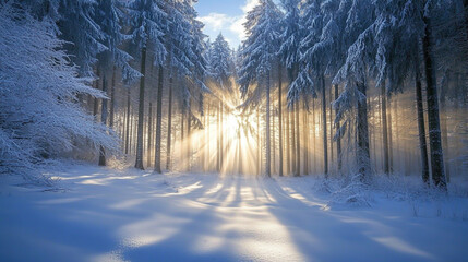 The trees in the winter forest are covered with snow, a circle of branches on both sides is drawn into an arch shape, forming a circular frame