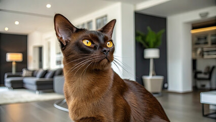 Sleek brown cat with striking yellow eyes sits in modern, well lit living room, exuding elegance and curiosity