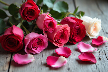 Obraz premium bunch of red and pink roses sitting on top of a wooden table