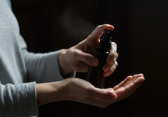 Person spraying hand sanitizer on hands for hygiene and protection