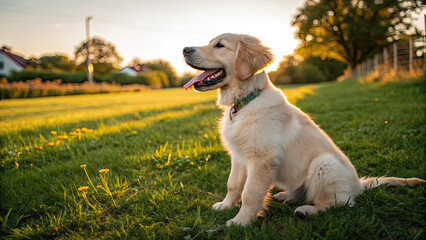 Golden retriever puppy sits on grassy field during sunset, looking happy and relaxed, with rural background of trees and houses