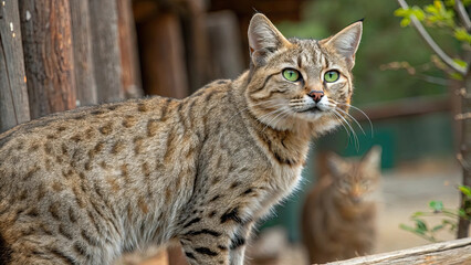 Spotted tabby cat with striking green eyes stands alert outdoors, surrounded by wooden structures and greenery, exuding curiosity and grace