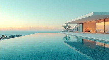 Fototapeta premium Modern, minimalist cliff house with infinity pool overlooking the ocean at sunset