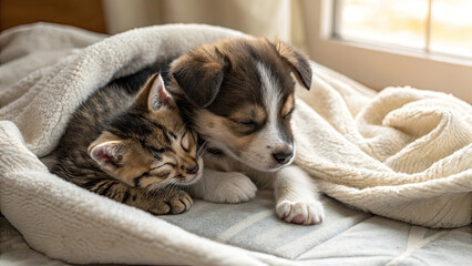 Kitten and puppy snuggle under soft blanket near window, radiating warmth and comfort