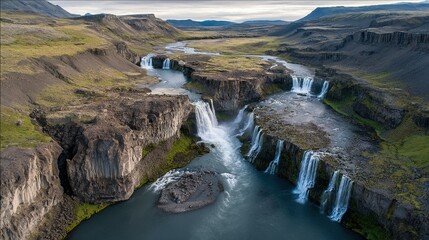 Obraz premium High-angle view of cascading waterfalls in a rugged valley.