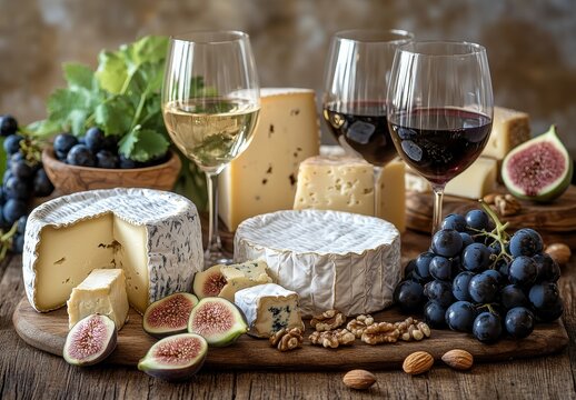 Gourmet Cheese Board with Grapes, Figs, Nuts, and Wine for Elegant Dining Experience and Celebration in Rustic Setting