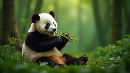 Obraz premium Cute panda bear eating bamboo shoots in serene forest setting for eco friendly marketing campaign background with copy space for text