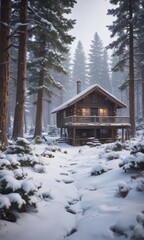 Snow-covered pines, cozy cabin, falling snow, winter woods, christmas, forest, backdrop