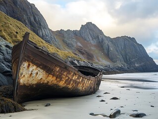 Fototapeta premium Abandoned Shipwreck on Sandy Beach with Dramatic Cliffs and Stunning Coastal Scenery: Explore the Nautical Theme of Rusted Vessel and Rocky Terrain in Serene Sunset Light for Adventure Travel 