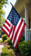 American flag hanging on a front porch, residential area, USA pride, home decor, patriotic spirit