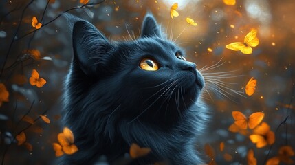 Dark cat gazing upwards at golden butterflies amidst foliage