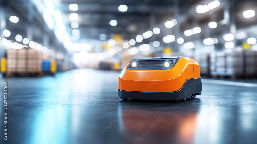 Poster a robot is standing in a warehouse. the robot is orange and has a light on it. the warehouse is empt