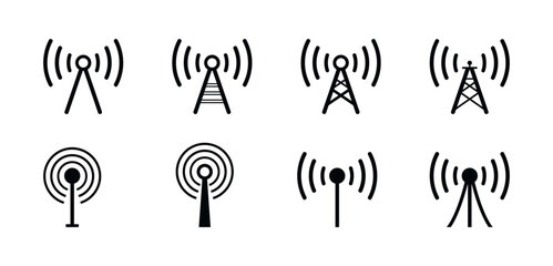 Communication Tower Icon Set – Vector Wireless Antenna, Signal Transmission and Network Broadcast Symbol Collection for Telecommunication and Connectivity Designs