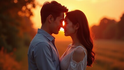 Asian couple, romantic moment, sunset, embrace, love, serene outdoor setting