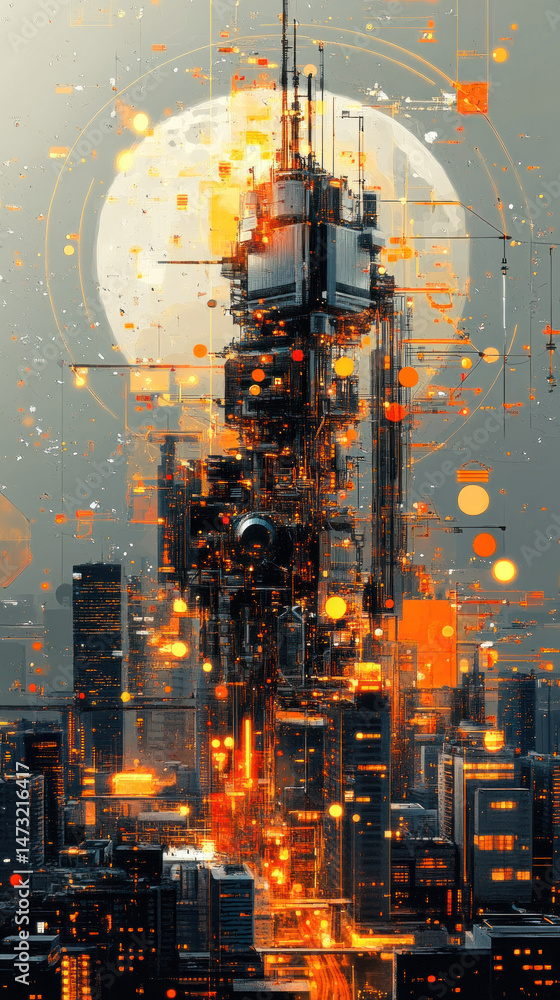 Poster a cityscape with a large building in the center and a large moon in the background. the building is 