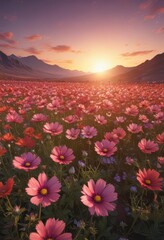 Fototapeta premium Vast cosmos field, sunset hues, vibrant petals, blossom, wallpaper