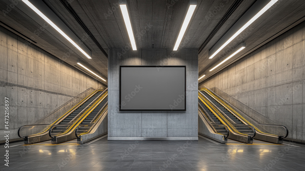 Poster a large empty sign hangs in the middle of a subway station. the station is empty and the sign is the