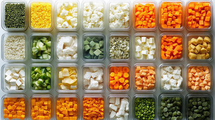 A row of clear containers filled with various vegetables and fruits. Concept of abundance and variety, with a wide selection of healthy food options available