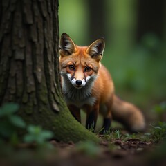 Fototapeta premium Curious fox peering from behind a tree, wild forest, nature exploration, alert expression, wildlife, animal