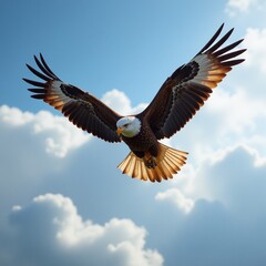Obraz premium Majestic bald eagle soaring, powerful American eagle in flight, freedom and patriotism, wildlife bird of prey against a blue sky with clouds