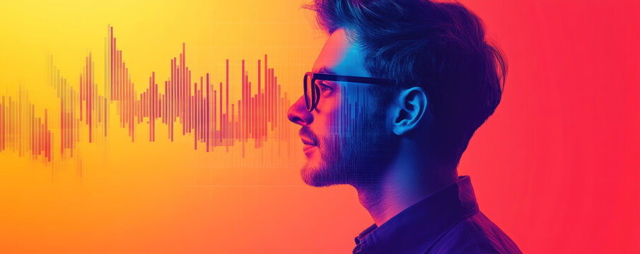 A man with glasses is looking at a colorful background with a lot of lines. The background is orange and yellow