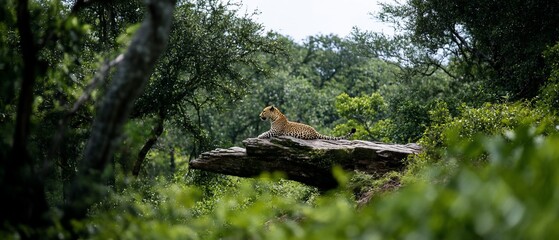 Lion rests on a rock overlooking lush green forest