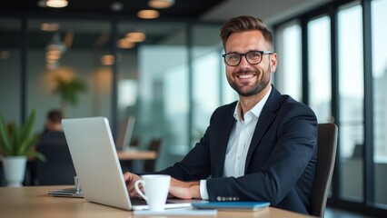 Fototapeta premium Confident businessman sitting at an office desk with a laptop and coffee, smiling at the camera in a modern corporate workspace setting, representing success, entrepreneurship and leadership.