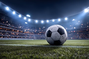 Soccer ball on lush green field at night stadium.