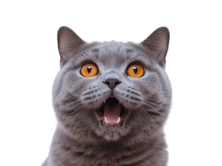 Closeup of a Grey British Shorthair Cat with Open Mouth and Bright Orange Eyes