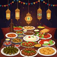Festive Meal Illustration with Lanterns and Variety of Middle Eastern Dishes