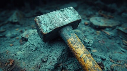 Worn, rusty hammer resting on a pile of debris, covered in teal-colored dust. Close-up view of the aged tool