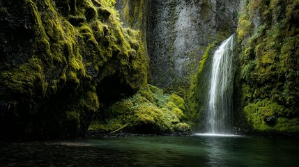 Lush waterfall cascading into a mossy canyon pool.