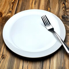 Empty White Plate and Silver Fork on Rustic Wooden Table