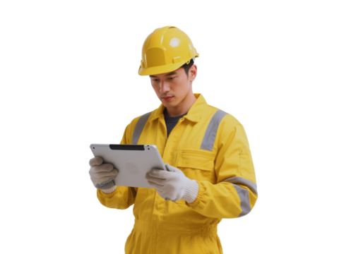 Asian Male Construction Worker Using a Tablet