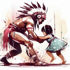 Watercolor Illustration of Tribal Wrestler and Girl Celebrating Heritage