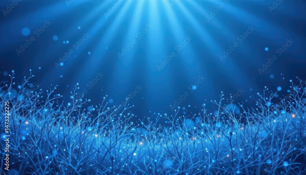 Poster enchanting underwater scene with shimmering light rays and sparkling bubbles