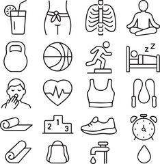 Fototapeta premium Health and Fitness Line Icons Set – Minimalist Wellness and Workout Vector Illustrations