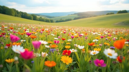 Fototapeta premium Vibrant colorful flower field landscape with rolling green hills and blue sky background for marketing campaign hero image or website banner with copy space for text