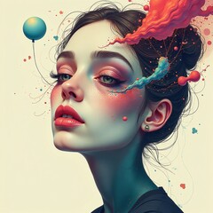 Surreal portrait illustration with dreamlike features, abstract artistic face design, emotional expression in creative surrealism, imaginative and conceptual digital art for unique visuals