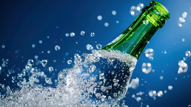 Green glass bottle splashing sparkling water with bubbles rising energetically against blue background, refreshing beverage concept featuring dynamic motion, clear liquid, and thirst quenching summer