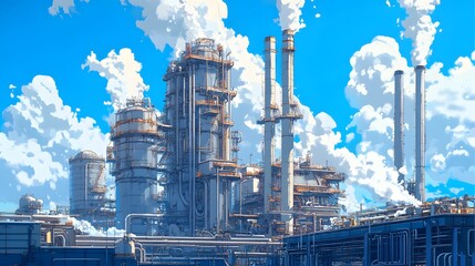 A large industrial plant with smoke coming out of it. The sky is blue and there are clouds in the background