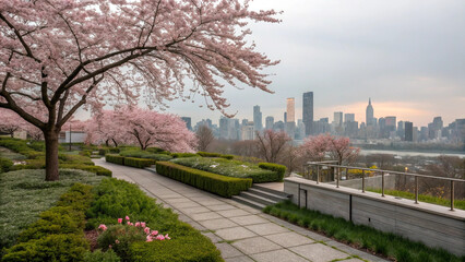 Serene urban park with blooming cherry blossom trees, lush greenery, and paved walkway overlooking city skyline at sunset