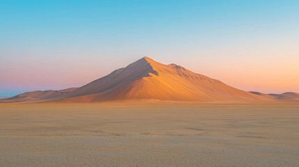 Vast desert landscape with a solitary sand dune mountain at sunrise