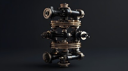 A close up of a metal pipe with many valves and a large round valve. Concept of complexity and precision, as the valves are intricately designed and arranged. The metallic appearance of the pipe