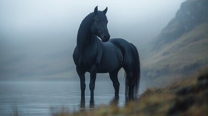 Majestic black horse stands in a misty river, a tranquil scene of nature