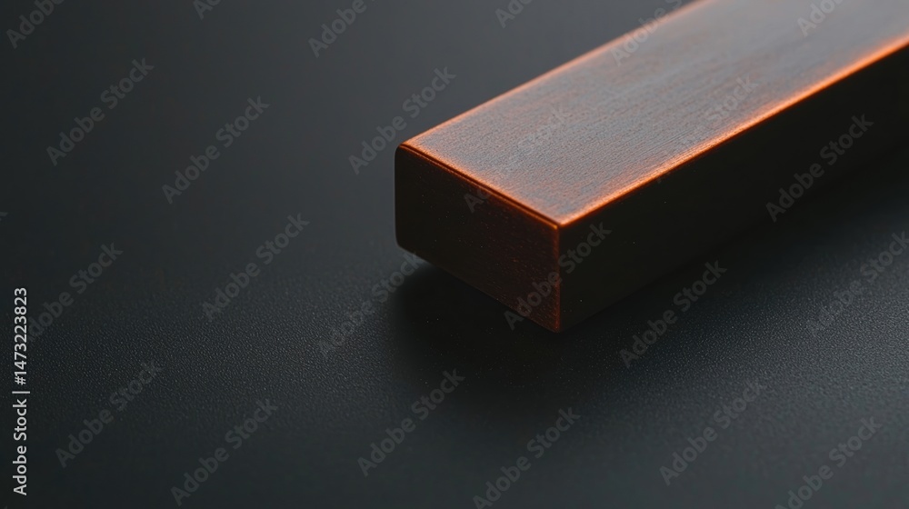 Poster a metallic rectangular bar with copper edges on a matte black surface, captured in minimalistic styl