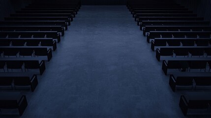 Fototapeta premium A dark, empty auditorium with rows of benches facing a stage, creating a somber and quiet atmosphere.