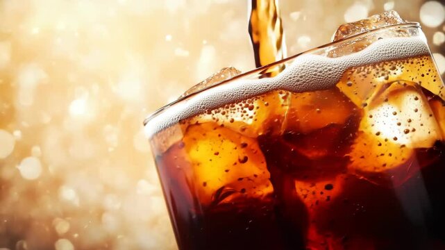 Refreshing cold soft drink with ice cubes glass, fizzy bubbles rising and golden background, carbonated beverage being poured, cool and thirst quenching refreshment, cold fizzy bubbles