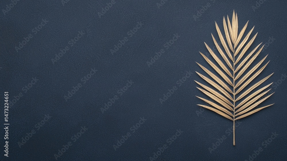 Poster a single golden palm leaf is placed on a dark textured background, creating a minimalist and elegant
