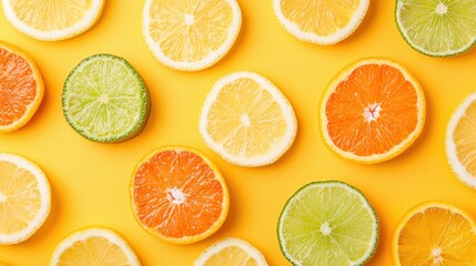 Obraz premium Bright citrus fruit slices of lemons, limes, and oranges arranged on a vibrant yellow background.